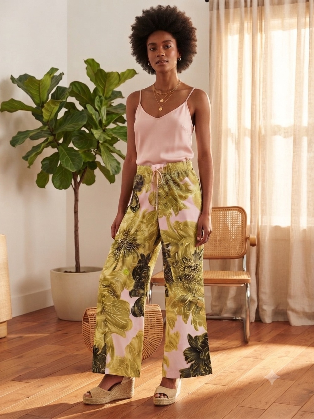 Floral Straight-Leg Drawstring Pants in Pink & Green